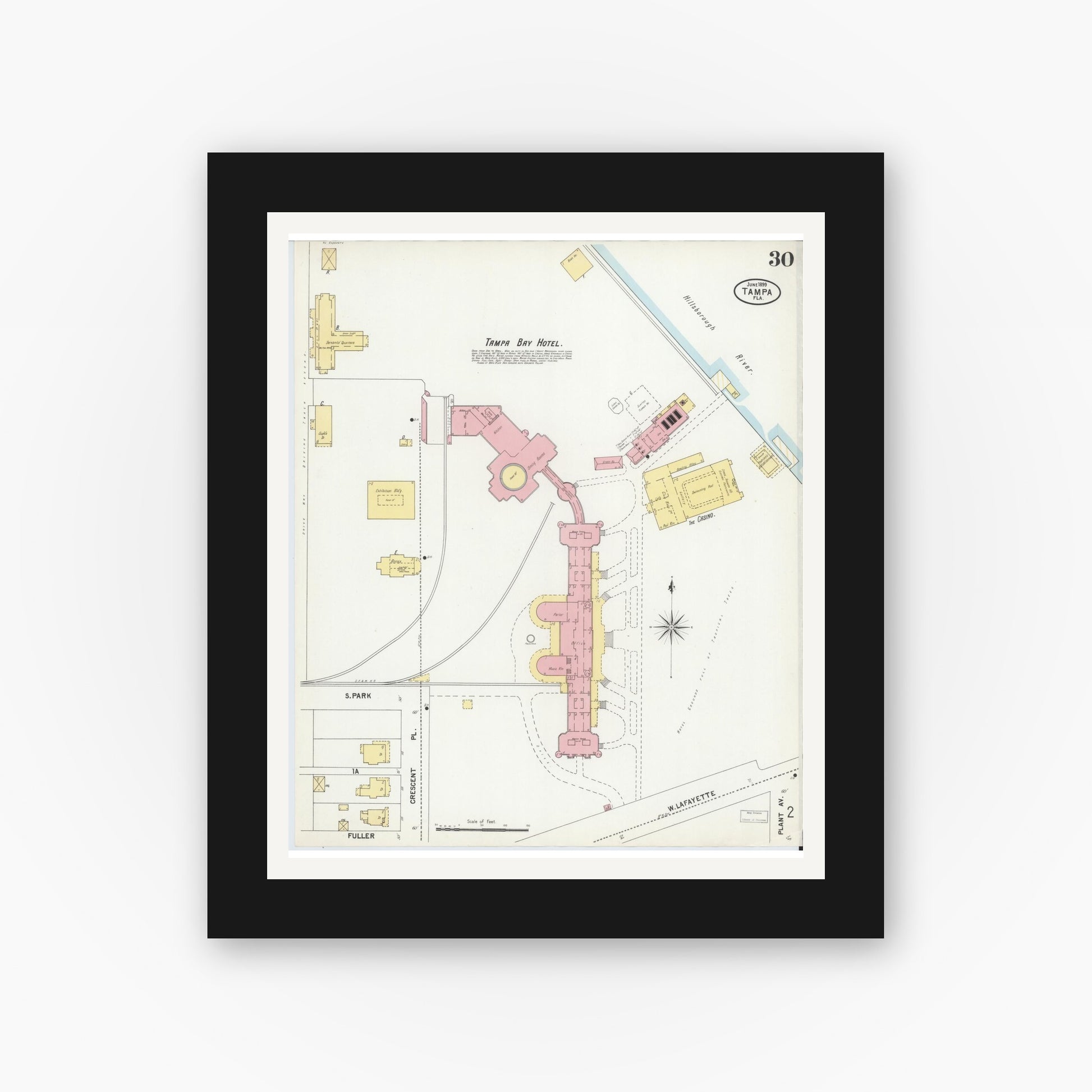 Old map wall art mockup — black gallery frame with white mat — Sanborn Fire Insurance Map from Tampa, Hillsborough County, Florida (1899), Sheet #0030