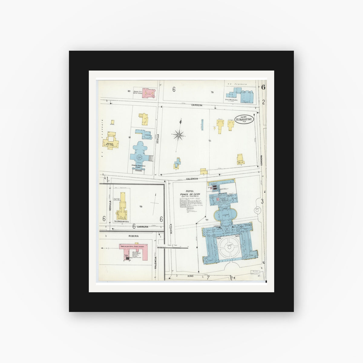 Old map wall art mockup — black gallery frame with white mat — Sanborn Fire Insurance Map from Saint Augustine, Saint John's County, Florida (1899), Sheet #0006