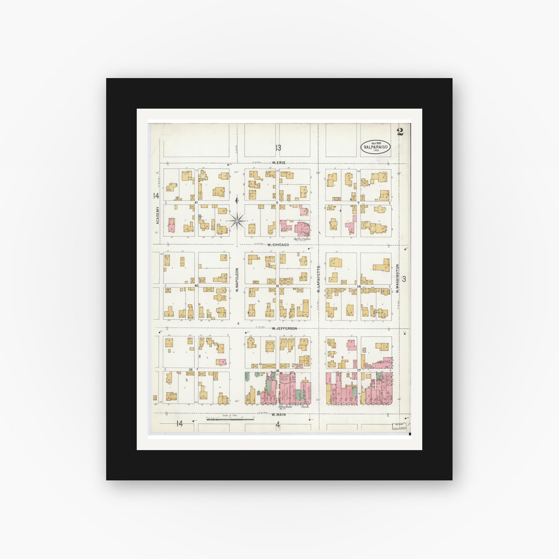 Old map wall art mockup — black gallery frame with white mat — Sanborn Fire Insurance Map from Valparaiso, Porter County, Indiana (1899), Sheet #0002