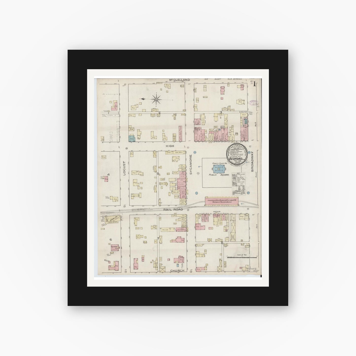 Old map wall art mockup — black gallery frame with white mat — Sanborn Fire Insurance Map from Bedford, Lawrence County, Indiana (1886) - Complete Map Set