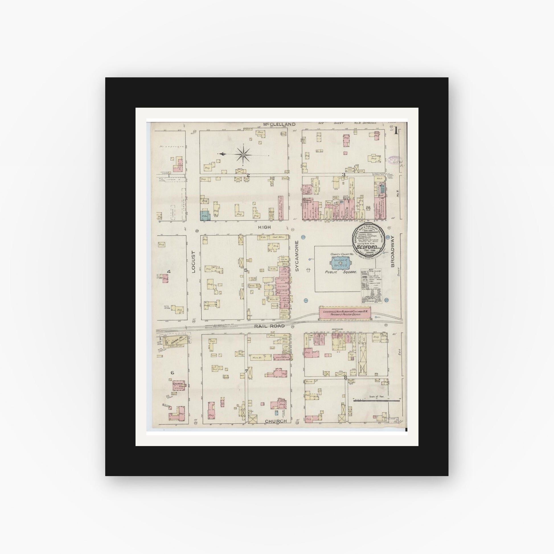 Old map wall art mockup — black gallery frame with white mat — Sanborn Fire Insurance Map from Bedford, Lawrence County, Indiana (1886) - Complete Map Set