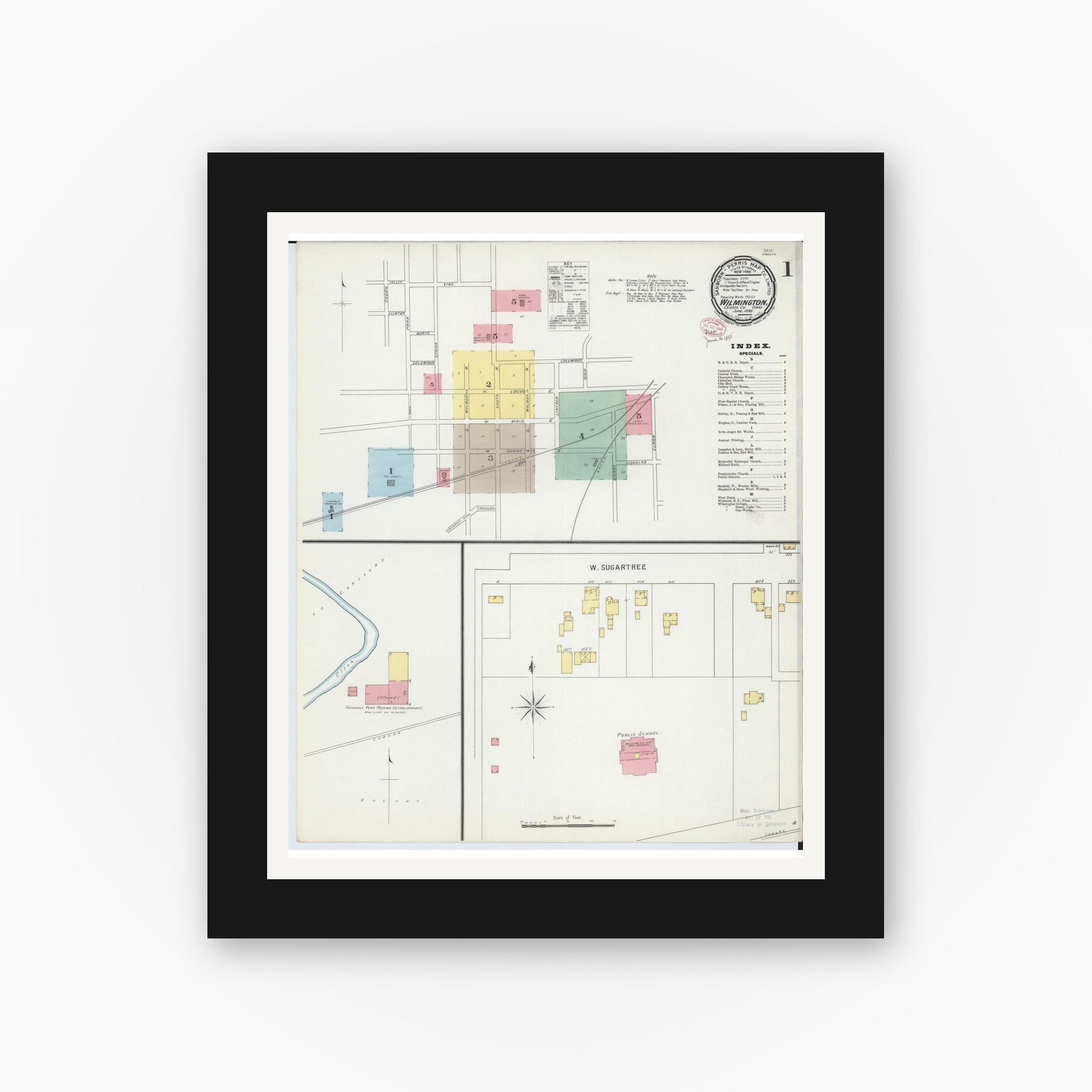 Old map wall art mockup — black gallery frame with white mat — Sanborn Fire Insurance Map from Wilmington, Clinton County, Ohio (1895), Sheet #0001