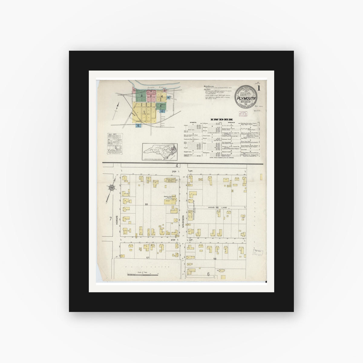 Old map wall art mockup — black gallery frame with white mat — Sanborn Fire Insurance Map from Plymouth, Washington County, North Carolina (1915) - Complete Map Set