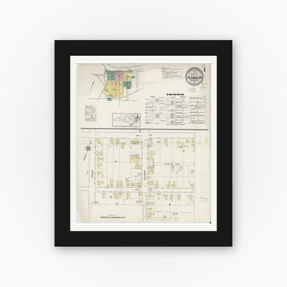 Old map wall art mockup — black gallery frame with white mat — Sanborn Fire Insurance Map from Plymouth, Washington County, North Carolina (1915) - Complete Map Set