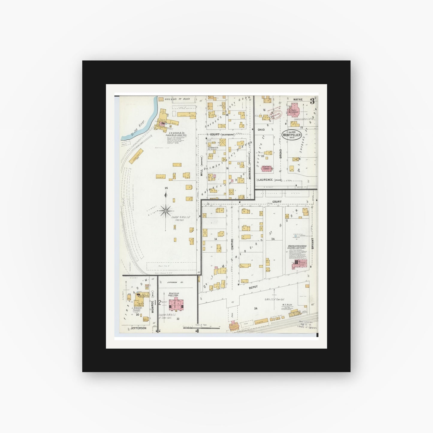 Old map wall art mockup — black gallery frame with white mat — Sanborn Fire Insurance Map from Montpelier, Williams County, Ohio (1899), Sheet #0003