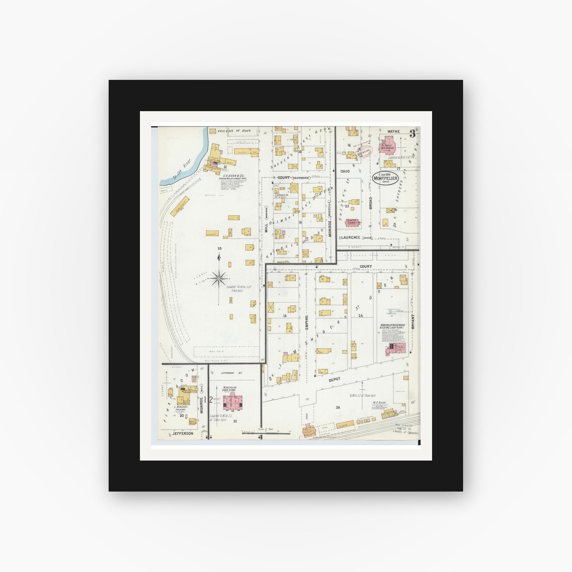 Old map wall art mockup — black gallery frame with white mat — Sanborn Fire Insurance Map from Montpelier, Williams County, Ohio (1899), Sheet #0003