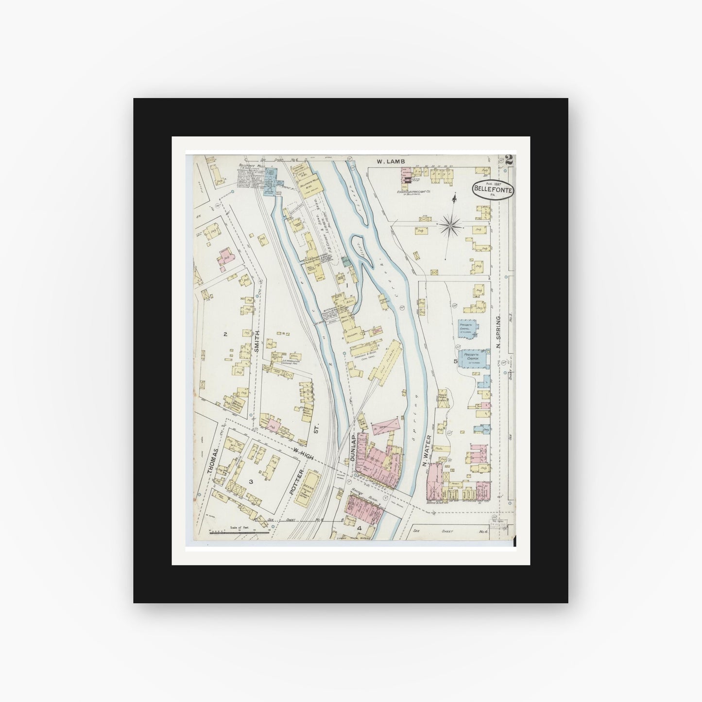 Old map wall art mockup — black gallery frame with white mat — Sanborn Fire Insurance Map from Bellefonte, Centre County, Pennsylvania (1887), Sheet #0002