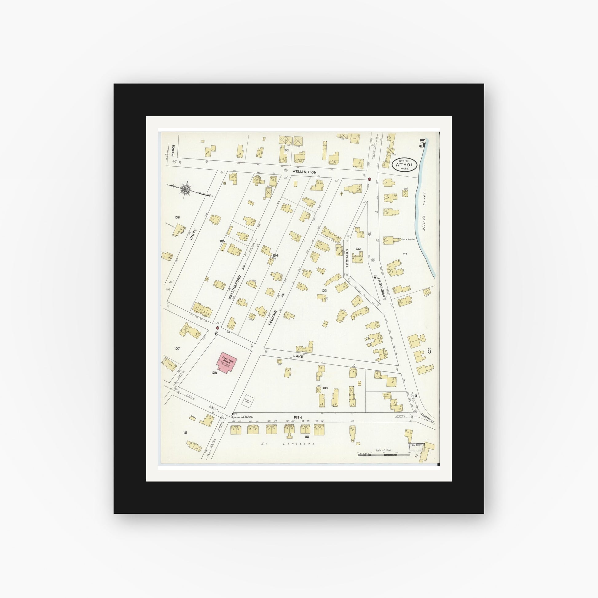 Old map wall art mockup — black gallery frame with white mat — Sanborn Fire Insurance Map from Athol, Worcester County, Massachusetts (1911), Sheet #0005