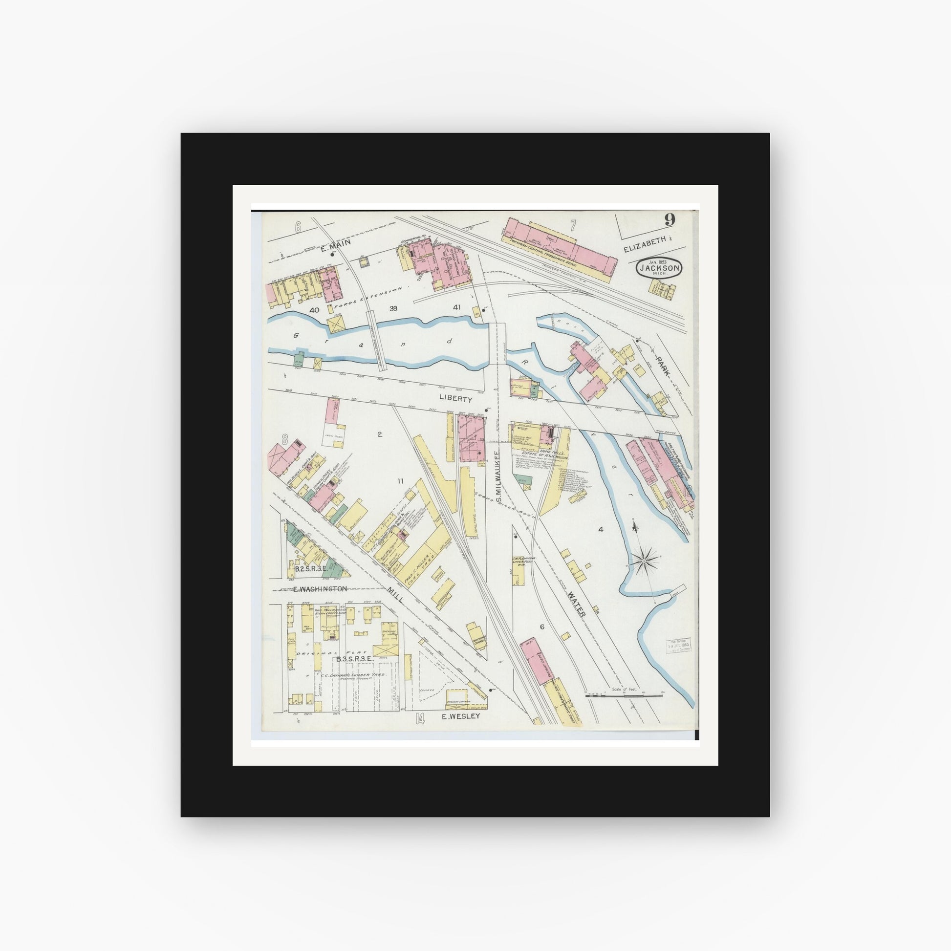 Old map wall art mockup — black gallery frame with white mat — Sanborn Fire Insurance Map from Jackson, Jackson County, Michigan (1893), Sheet #0009