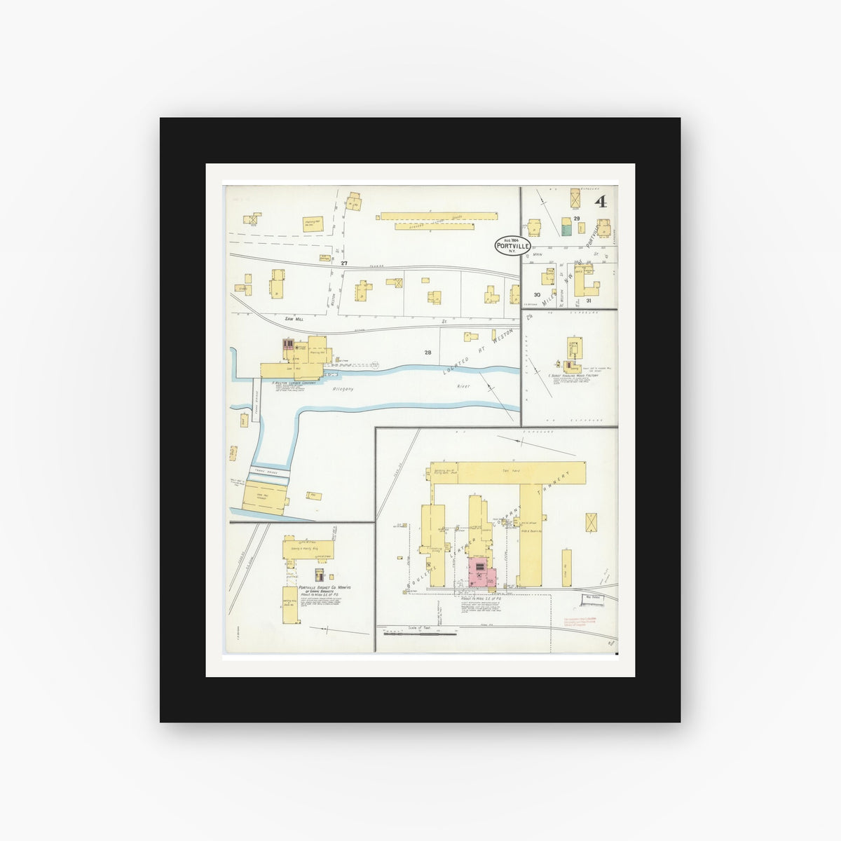 Old map wall art mockup — black gallery frame with white mat — Sanborn Fire Insurance Map from Portville, Cattaraugus County, New York (1904), Sheet #0004