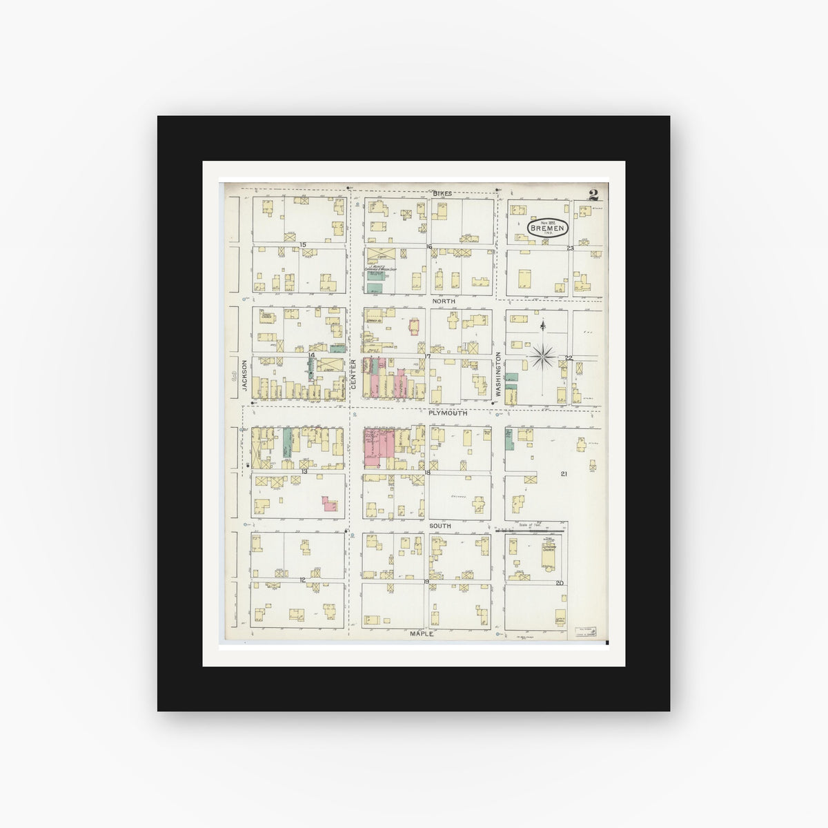 Old map wall art mockup — black gallery frame with white mat — Sanborn Fire Insurance Map from Bremen, Marshall County, Indiana (1892), Sheet #0002