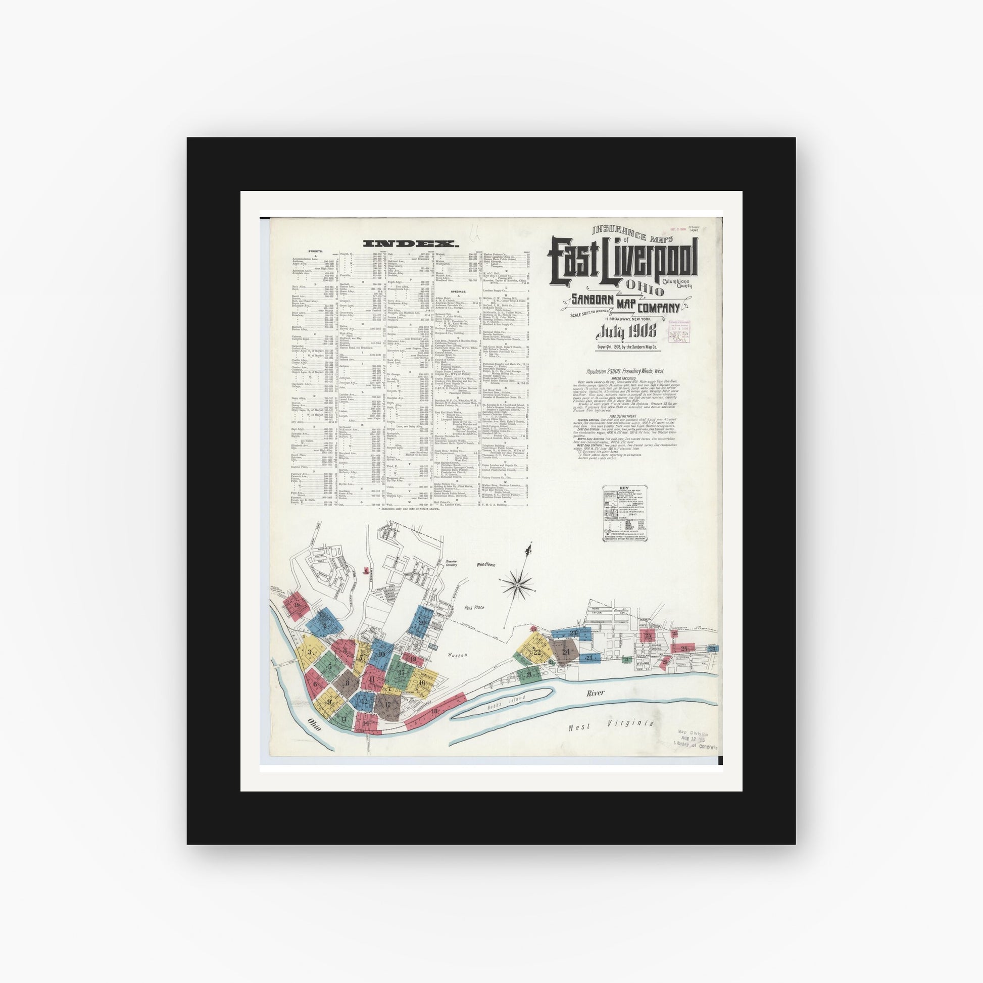 Old map wall art mockup — black gallery frame with white mat — Sanborn Fire Insurance Map from East Liverpool, Columbiana County, Ohio (1908), Sheet #0001