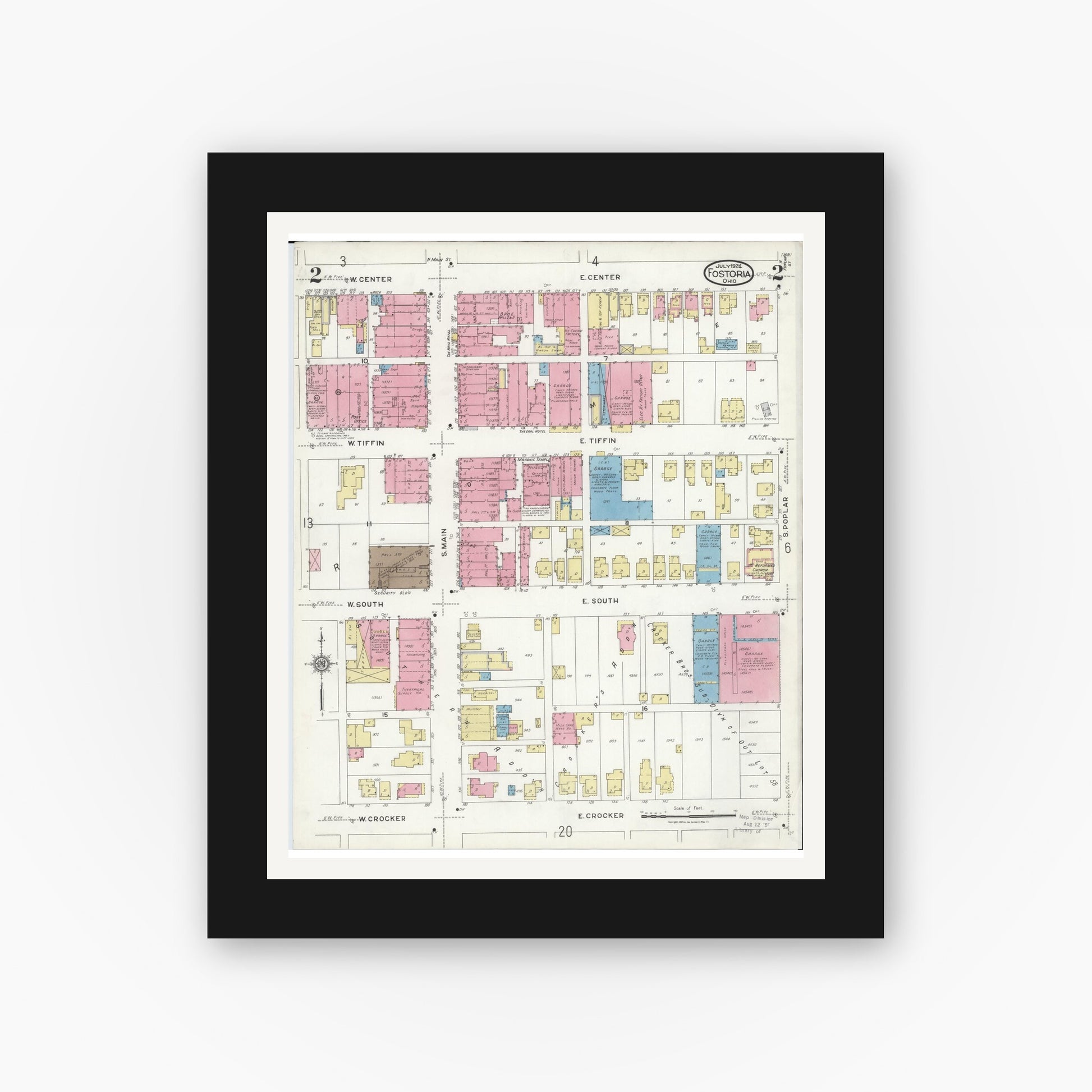 Old map wall art mockup — black gallery frame with white mat — Sanborn Fire Insurance Map from Fostoria, Seneca, Hancock, And Wood Counties, Ohio (1924), Sheet #0002