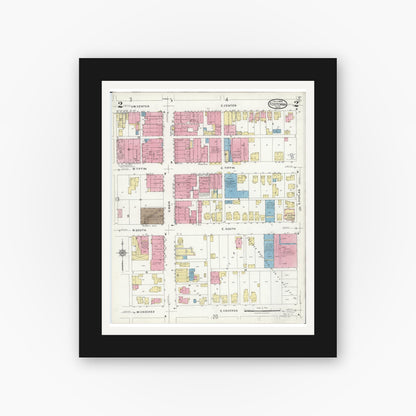 Old map wall art mockup — black gallery frame with white mat — Sanborn Fire Insurance Map from Fostoria, Seneca, Hancock, And Wood Counties, Ohio (1924), Sheet #0002