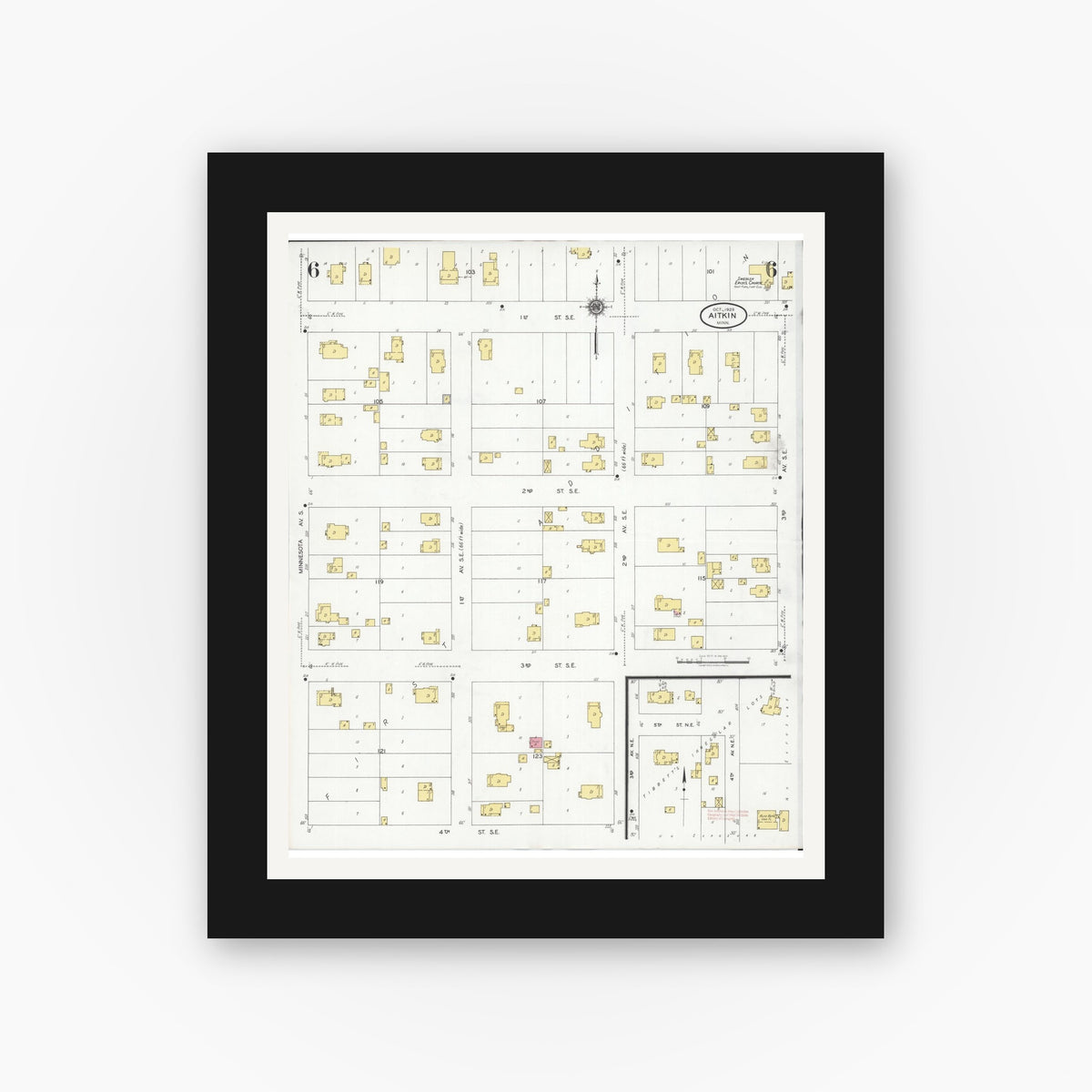 Old map wall art mockup — black gallery frame with white mat — Sanborn Fire Insurance Map from Aitkin, Aitkin County, Minnesota (1929), Sheet #0006