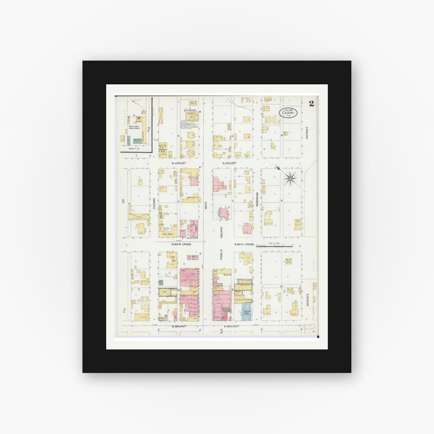 Old map wall art mockup — black gallery frame with white mat — Sanborn Fire Insurance Map from Carmi, White County, Illinois (1906), Sheet #0002