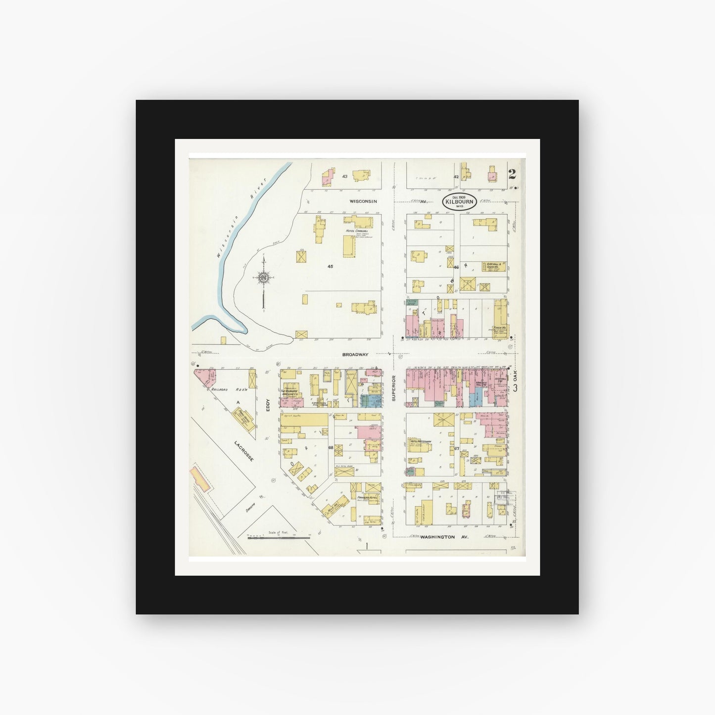 Old map wall art mockup — black gallery frame with white mat — Sanborn Fire Insurance Map from Kilbourn, Columbia County, Wisconsin (1909), Sheet #0002