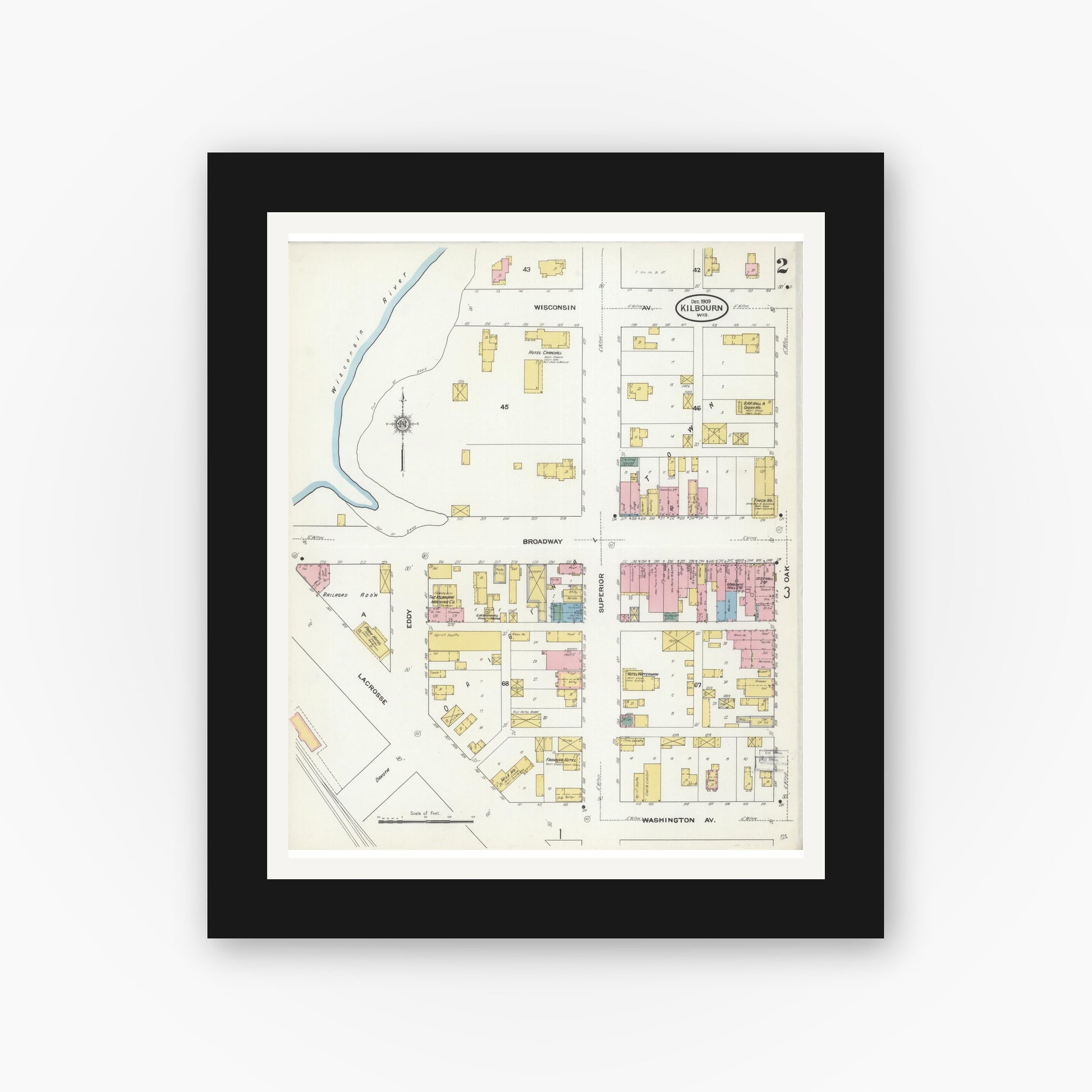 Old map wall art mockup — black gallery frame with white mat — Sanborn Fire Insurance Map from Kilbourn, Columbia County, Wisconsin (1909), Sheet #0002