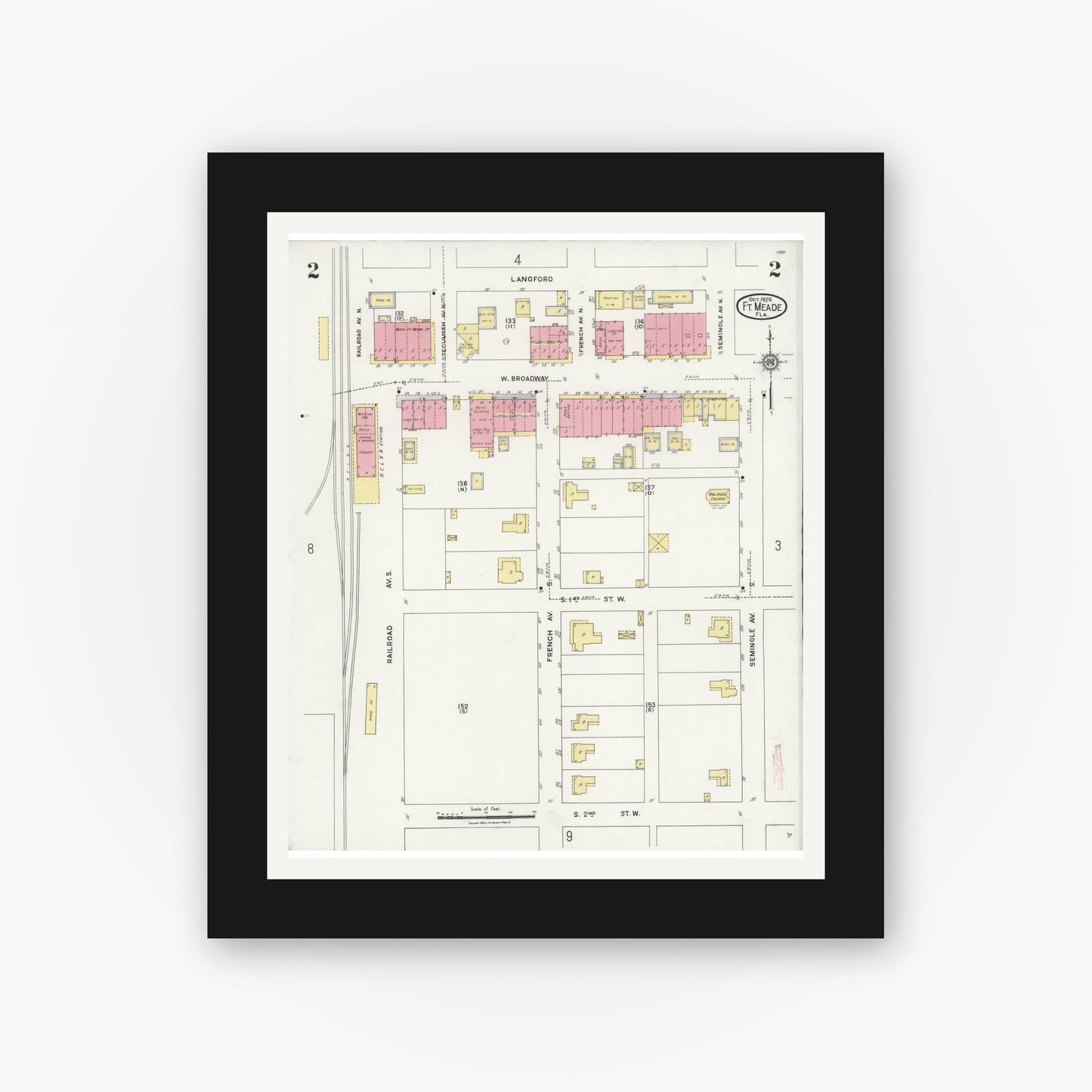 Old map wall art mockup — black gallery frame with white mat — Sanborn Fire Insurance Map from Fort Meade, Polk County, Florida (1924), Sheet #0002