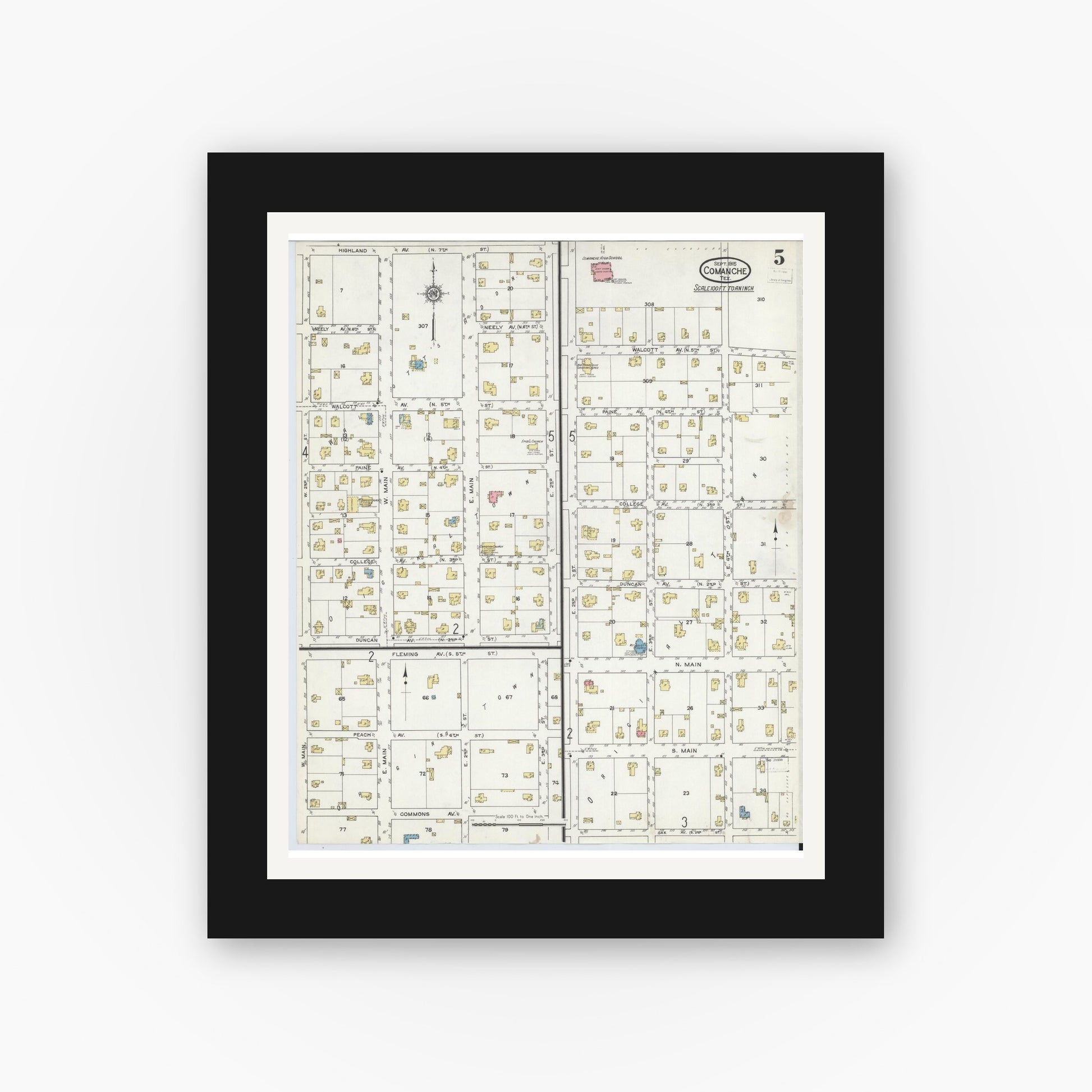 Old map wall art mockup — black gallery frame with white mat — Sanborn Fire Insurance Map from Comanche, Comanche County, Texas (1915), Sheet #0005
