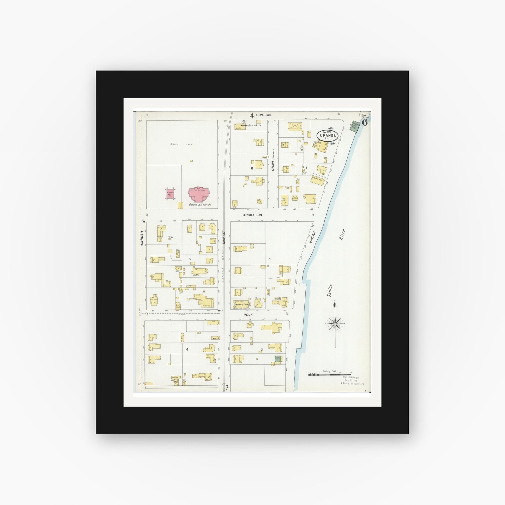Old map wall art mockup — black gallery frame with white mat — Sanborn Fire Insurance Map from Orange, Orange County, Texas (1901), Sheet #0006