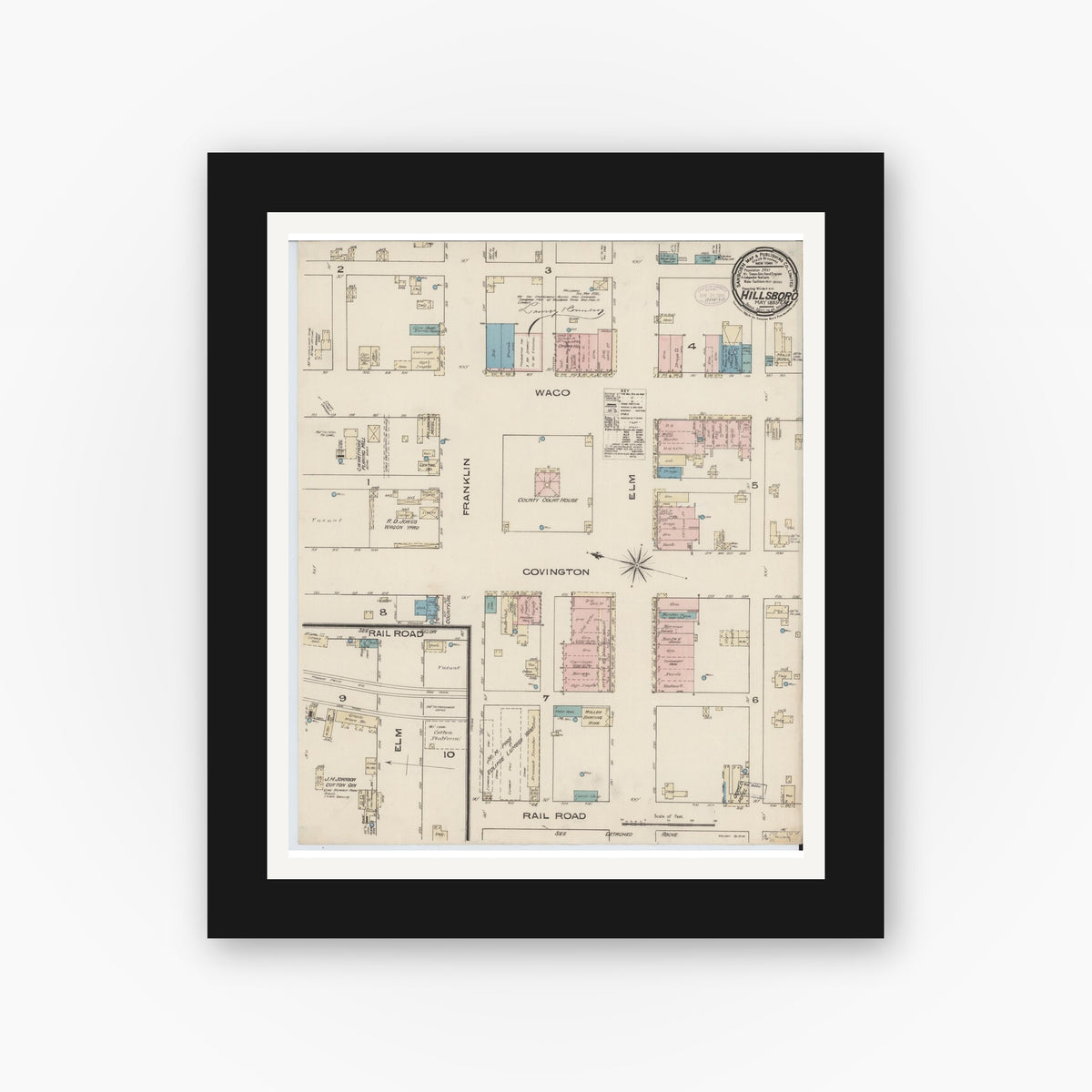 Old map wall art mockup — black gallery frame with white mat — Sanborn Fire Insurance Map from Hillsboro, Hill County, Texas (1885), Sheet #0001