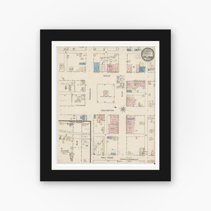 Old map wall art mockup — black gallery frame with white mat — Sanborn Fire Insurance Map from Hillsboro, Hill County, Texas (1885), Sheet #0001
