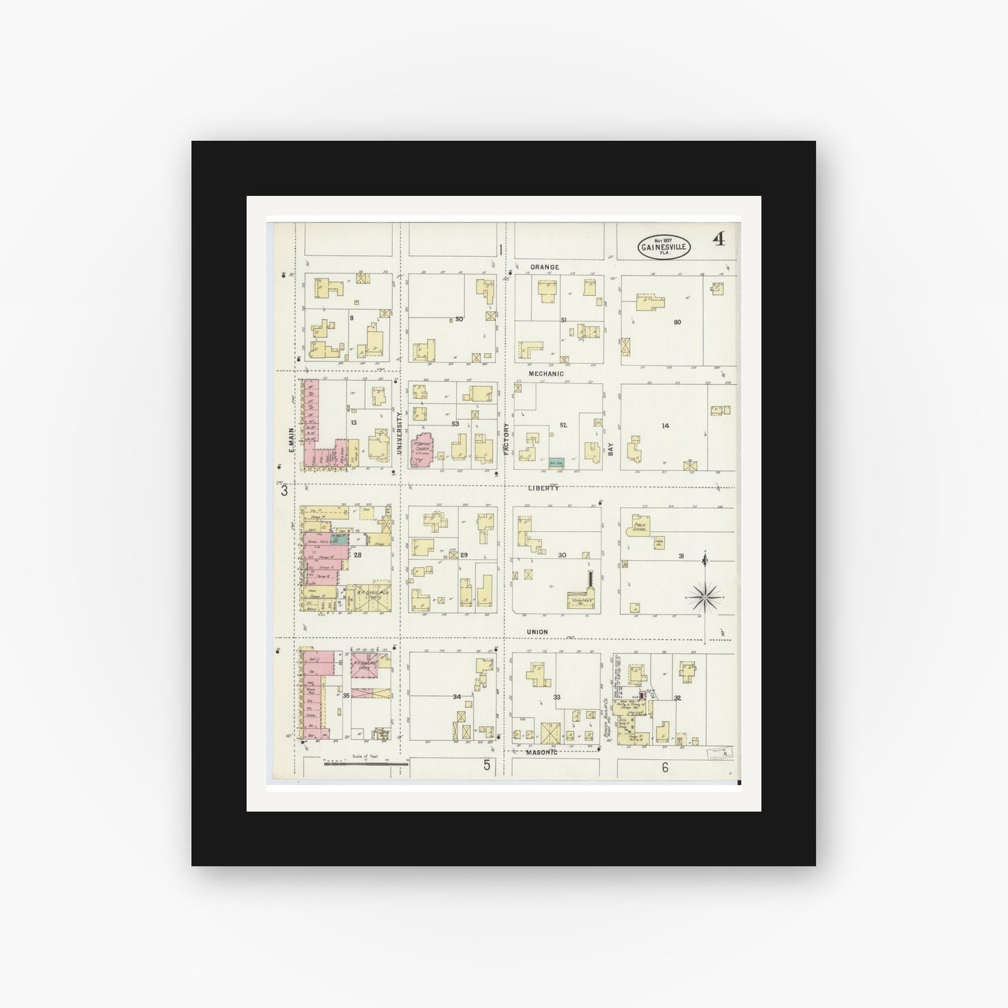 Old map wall art mockup — black gallery frame with white mat — Sanborn Fire Insurance Map from Gainesville, Alachua County, Florida (1897), Sheet #0004