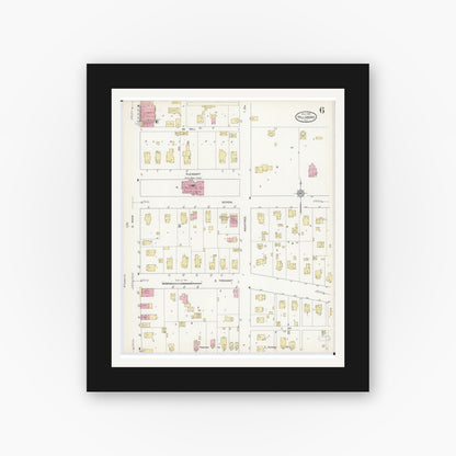 Old map wall art mockup — black gallery frame with white mat — Sanborn Fire Insurance Map from Hillsboro, Montgomery County, Illinois (1912), Sheet #0006