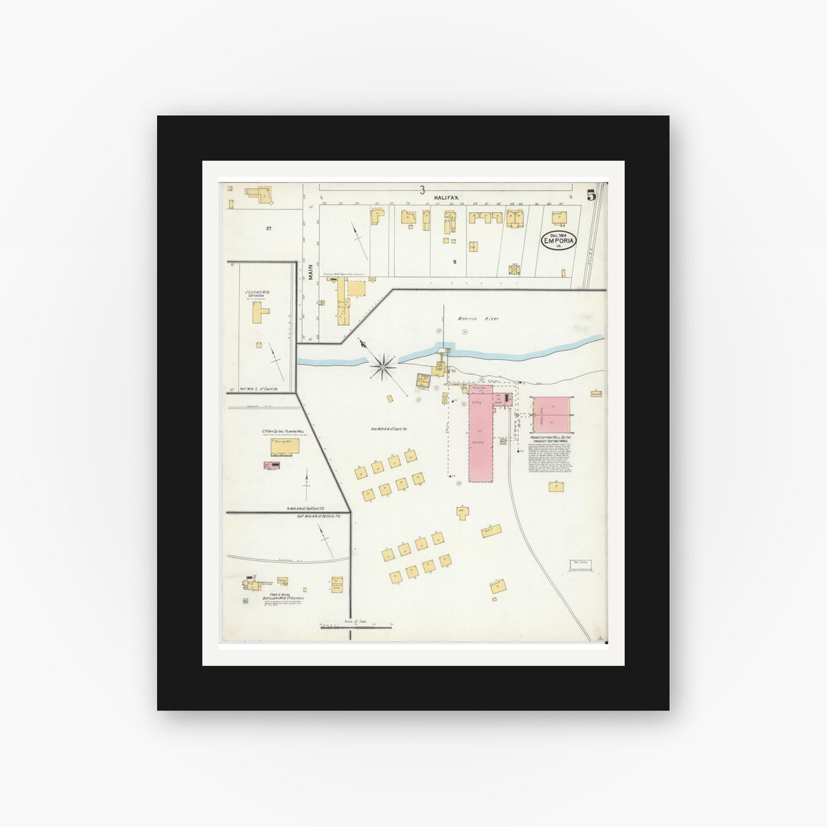 Old map wall art mockup — black gallery frame with white mat — Sanborn Fire Insurance Map from Emporia, Independent Cities, Virginia (1904), Sheet #0005