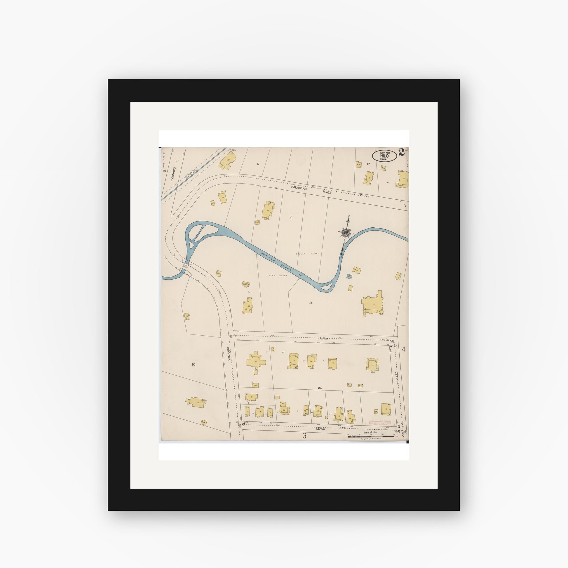 Old map wall art mockup — black gallery frame with white mat — Sanborn Fire Insurance Map from Hilo, Hawaii County, Hawaii (1921), Sheet #0002