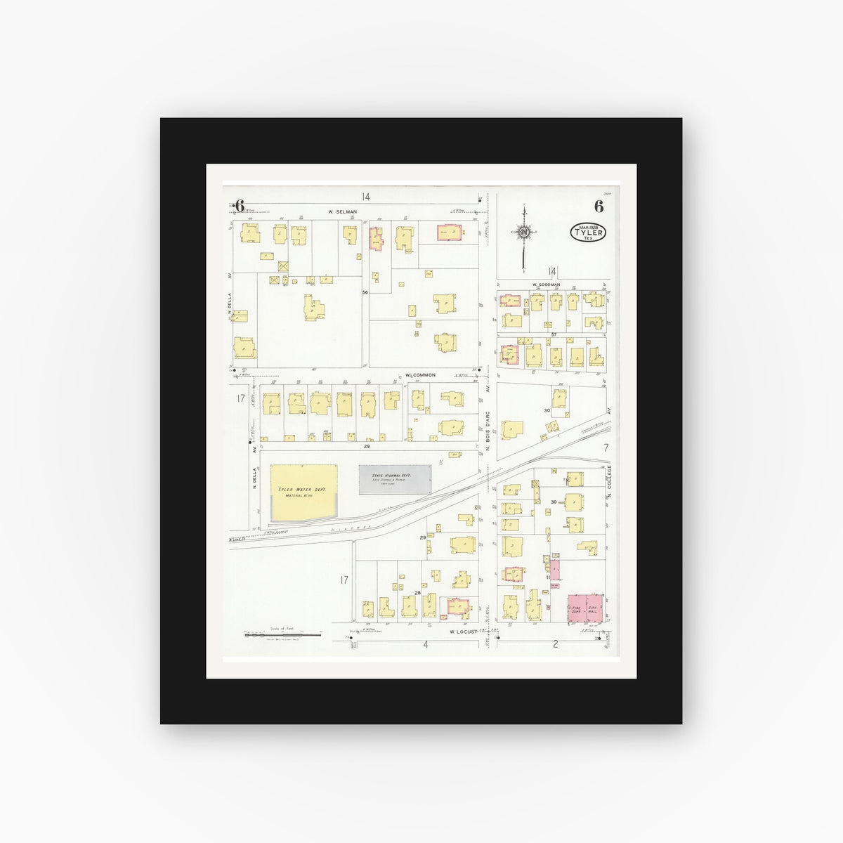 Old map wall art mockup — black gallery frame with white mat — Sanborn Fire Insurance Map from Tyler, Smith County, Texas (1928), Sheet #0006