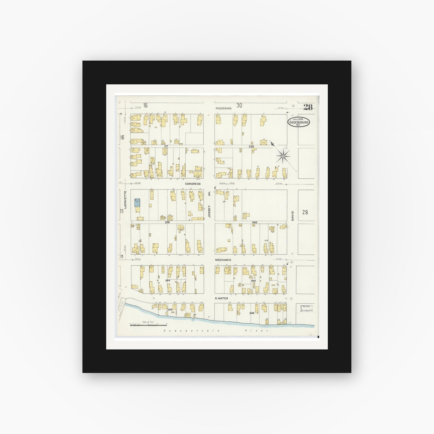 Old map wall art mockup — black gallery frame with white mat — Sanborn Fire Insurance Map from Ogdensburg, St. Lawrence County, New York (1909), Sheet #0028
