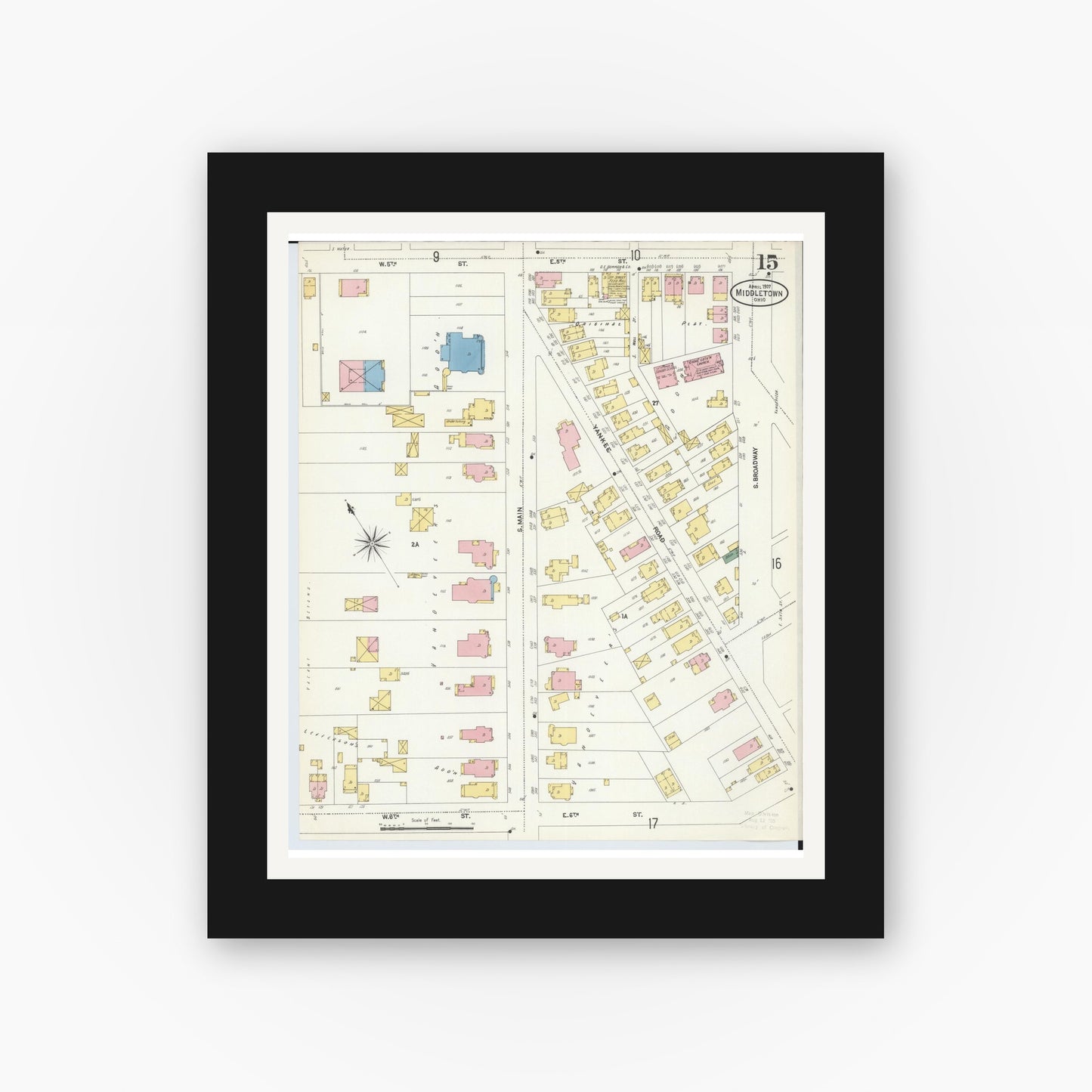 Old map wall art mockup — black gallery frame with white mat — Sanborn Fire Insurance Map from Middletown, Butler County, Ohio (1907), Sheet #0015
