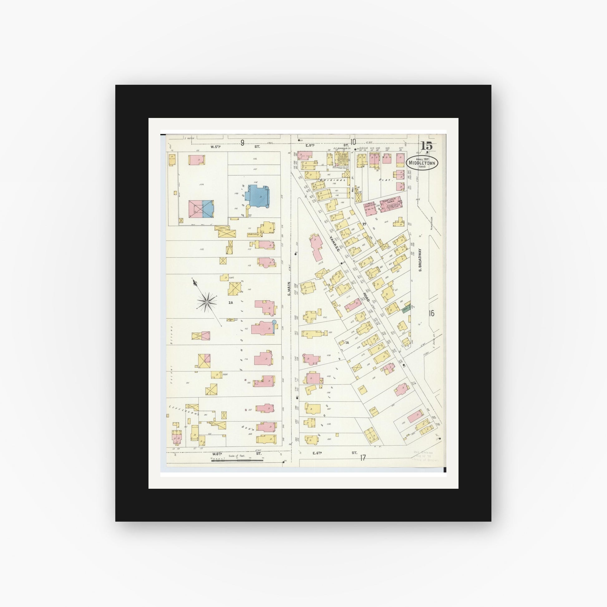 Old map wall art mockup — black gallery frame with white mat — Sanborn Fire Insurance Map from Middletown, Butler County, Ohio (1907), Sheet #0015