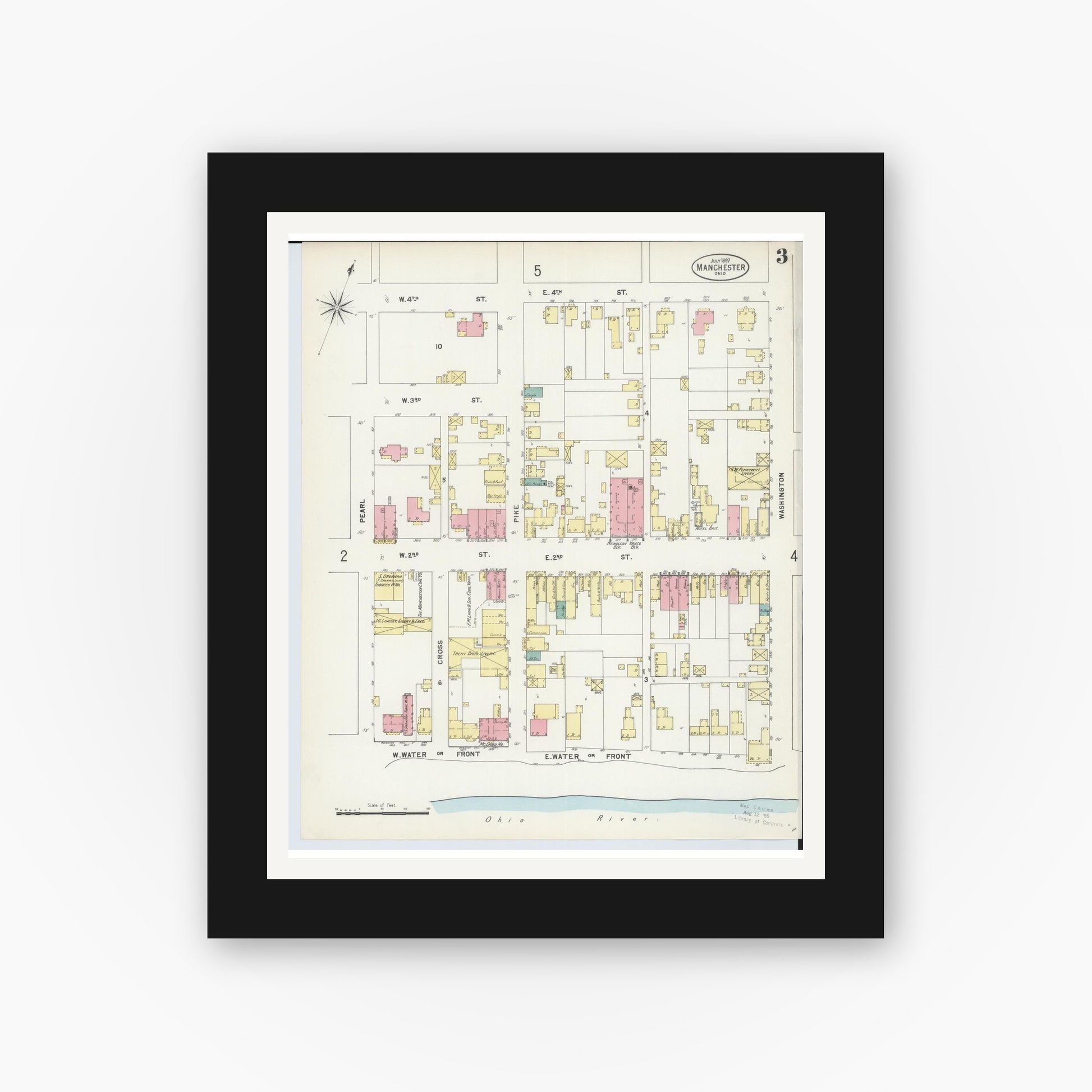 Old map wall art mockup — black gallery frame with white mat — Sanborn Fire Insurance Map from Manchester, Adams County, Ohio (1897), Sheet #0003