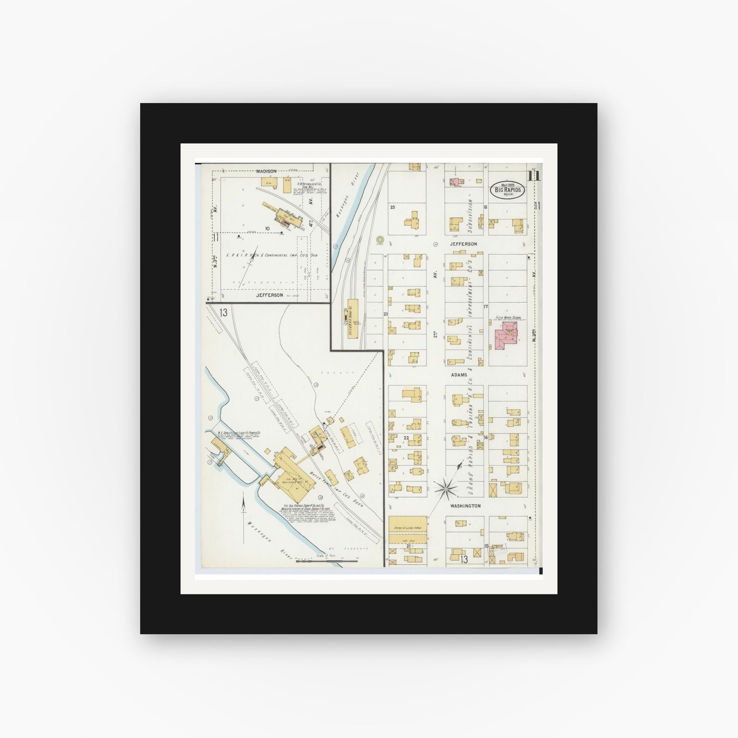 Old map wall art mockup — black gallery frame with white mat — Sanborn Fire Insurance Map from Big Rapids, Mecosta County, Michigan (1899), Sheet #0011