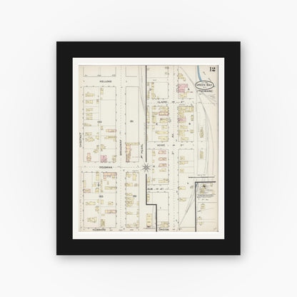Old map wall art mockup — black gallery frame with white mat — Sanborn Fire Insurance Map from Green Bay, Brown County, Wisconsin (1887), Sheet #0012