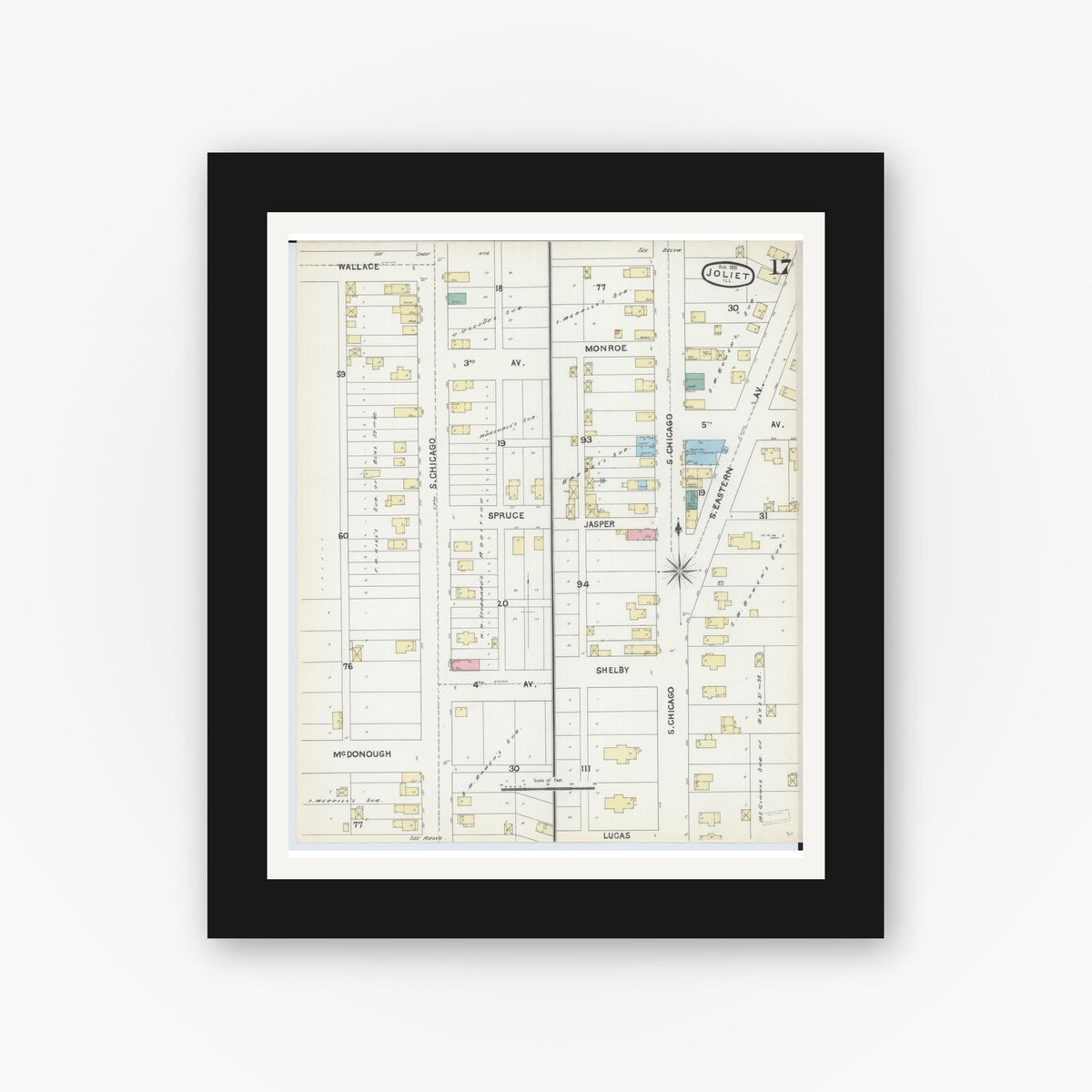 Old map wall art mockup — black gallery frame with white mat — Sanborn Fire Insurance Map from Joliet, Will County, Illinois (1891), Sheet #0017