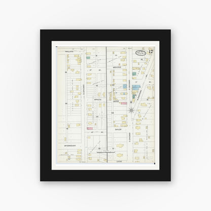 Old map wall art mockup — black gallery frame with white mat — Sanborn Fire Insurance Map from Joliet, Will County, Illinois (1891), Sheet #0017