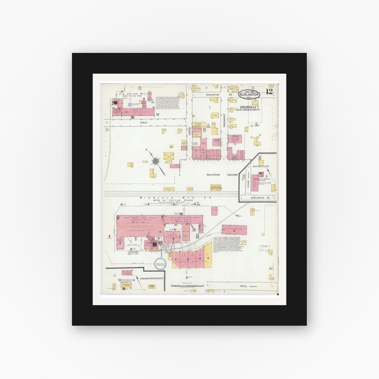 Old map wall art mockup — black gallery frame with white mat — Sanborn Fire Insurance Map from Burlington, Alamance County, North Carolina (1918), Sheet #0012