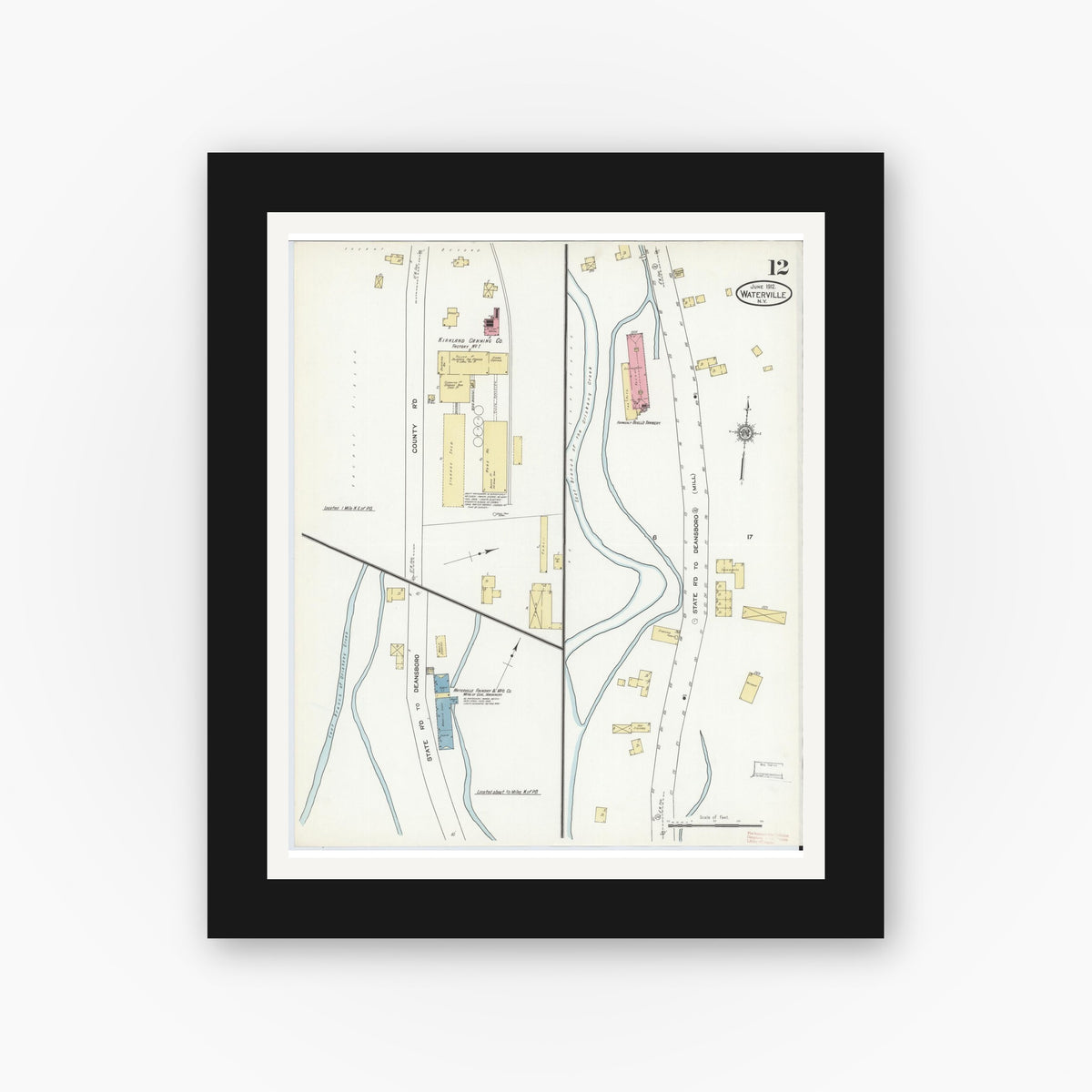 Old map wall art mockup — black gallery frame with white mat — Sanborn Fire Insurance Map from Waterville, Oneida County, New York (1912), Sheet #0012
