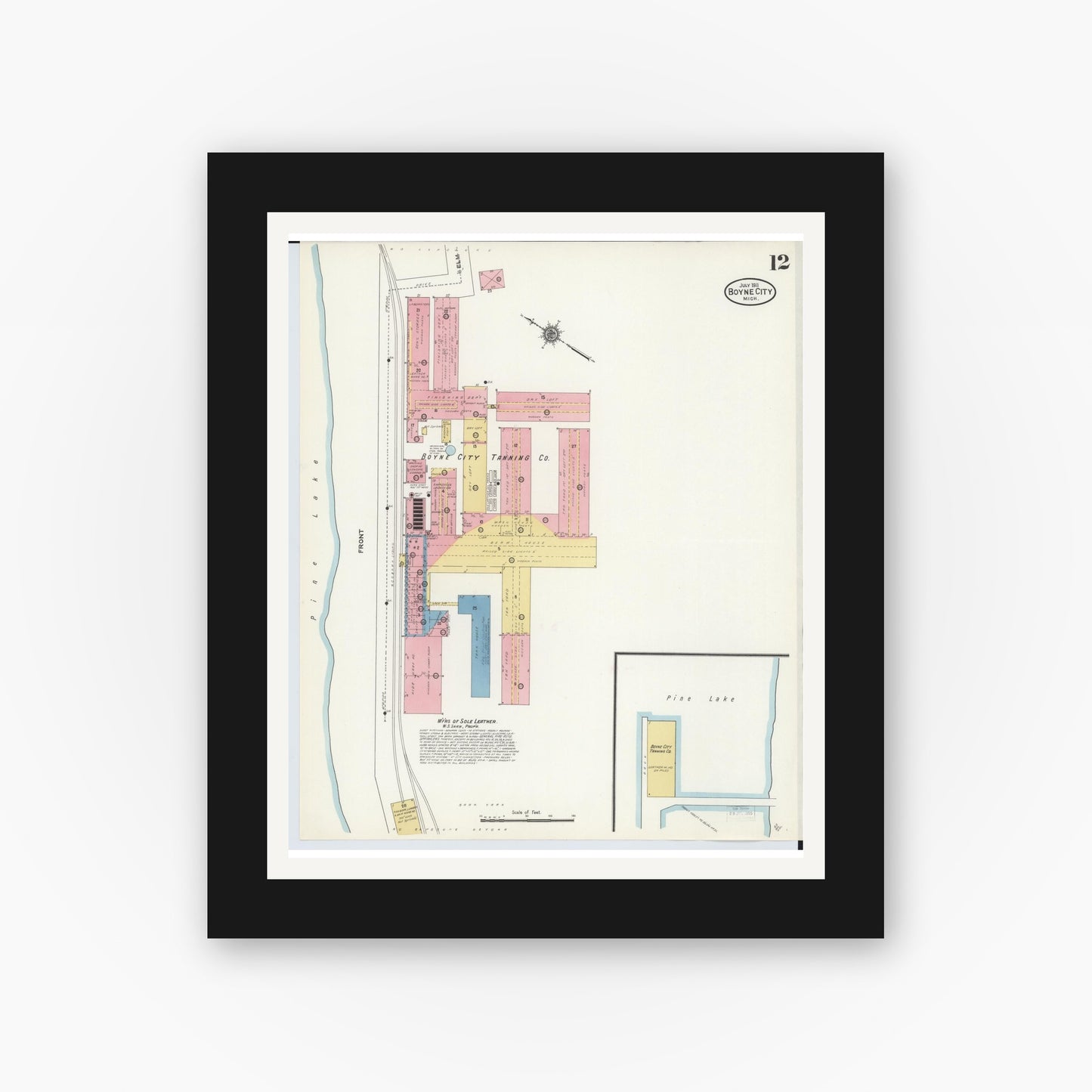 Old map wall art mockup — black gallery frame with white mat — Sanborn Fire Insurance Map from Boyne City, Charlevoix County, Michigan (1911), Sheet #0012
