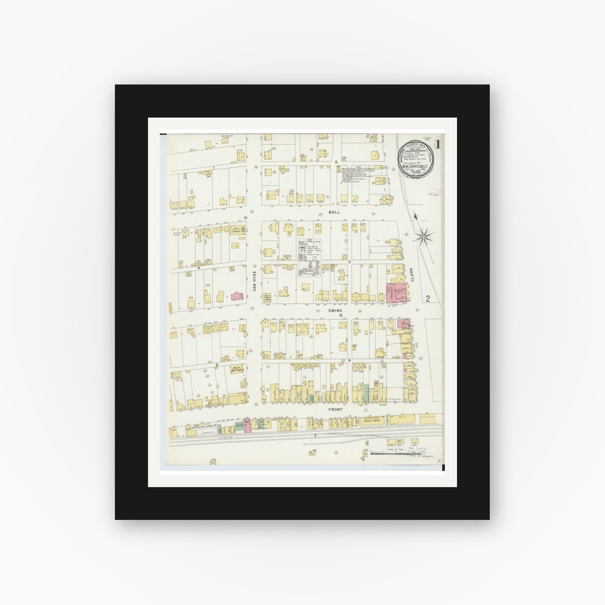 Old map wall art mockup — black gallery frame with white mat — Sanborn Fire Insurance Map from New Straitsville, Perry County, Ohio (1896) - Complete Map Set