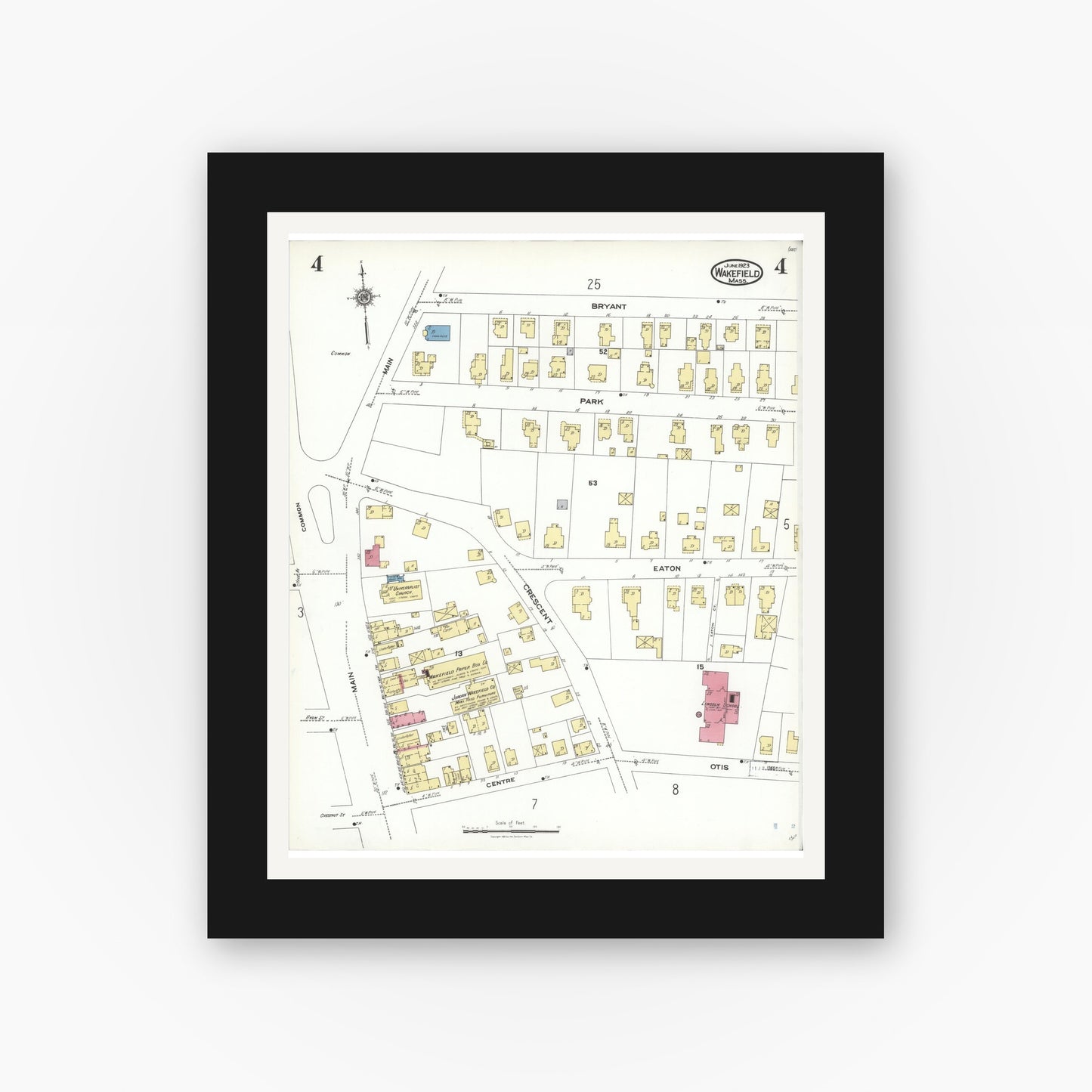 Old map wall art mockup — black gallery frame with white mat — Sanborn Fire Insurance Map from Wakefield, Middlesex County, Massachusetts (1923), Sheet #0004
