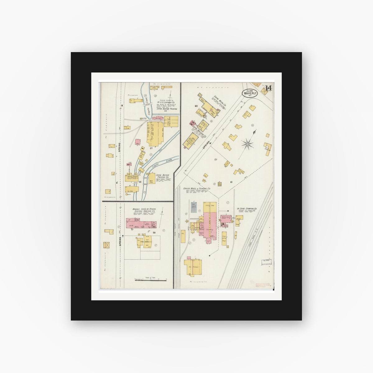 Old map wall art mockup — black gallery frame with white mat — Sanborn Fire Insurance Map from Waverly, Tioga County, New York (1898), Sheet #0014