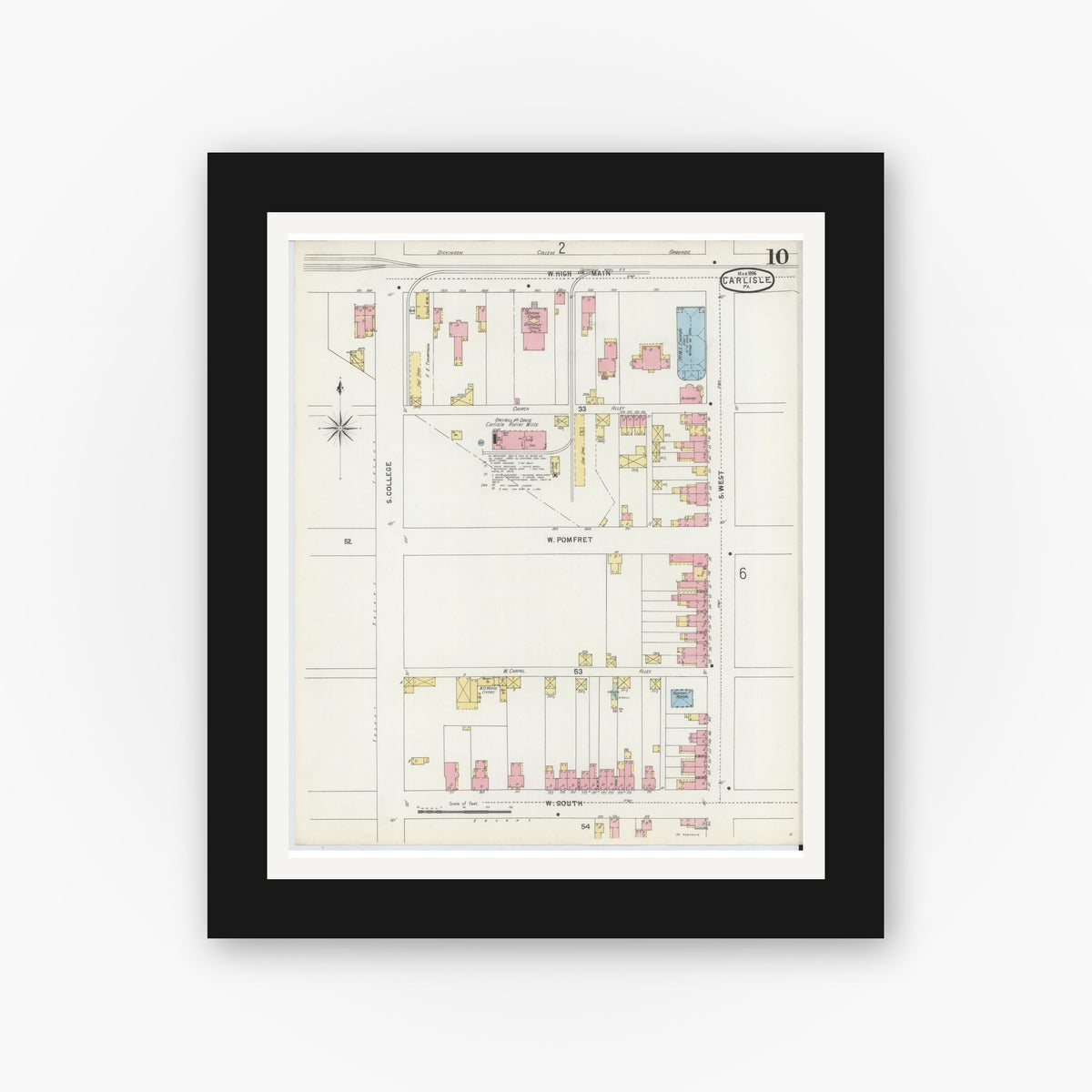 Old map wall art mockup — black gallery frame with white mat — Sanborn Fire Insurance Map from Carlisle, Cumberland County, Pennsylvania (1896), Sheet #0010