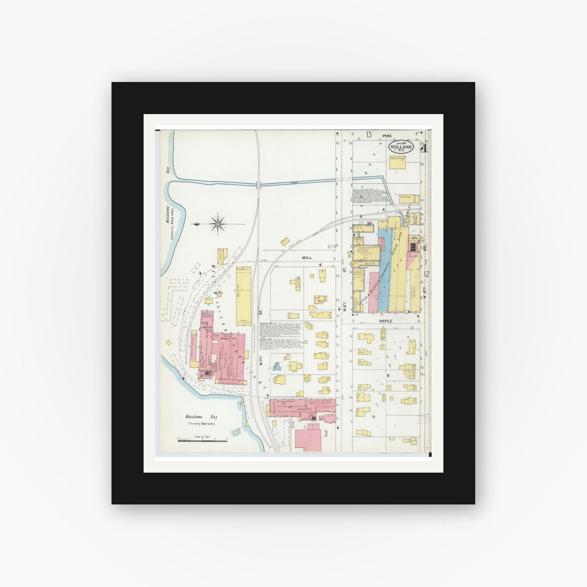 Old map wall art mockup — black gallery frame with white mat — Sanborn Fire Insurance Map from Holland, Ottawa County, Michigan (1902), Sheet #0004