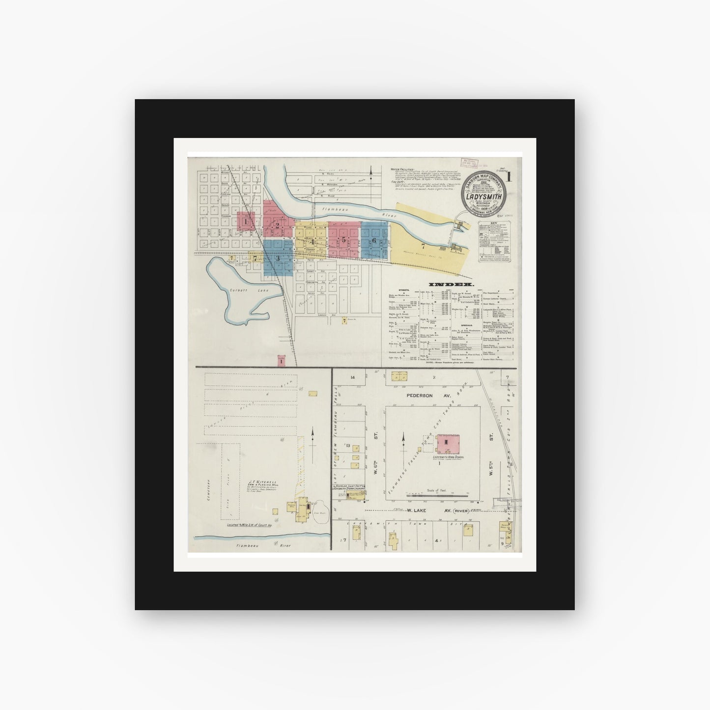 Old map wall art mockup — black gallery frame with white mat — Sanborn Fire Insurance Map from Ladysmith, Rusk County, Wisconsin (1909) - Complete Map Set