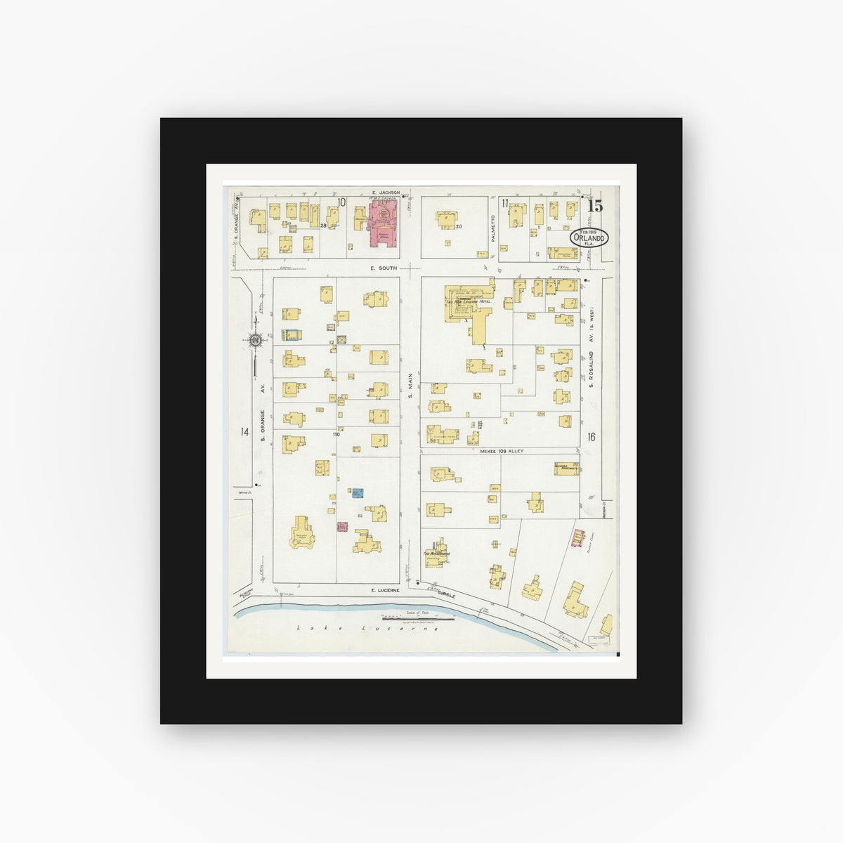 Old map wall art mockup — black gallery frame with white mat — Sanborn Fire Insurance Map from Orlando, Orange County, Florida (1919), Sheet #0015